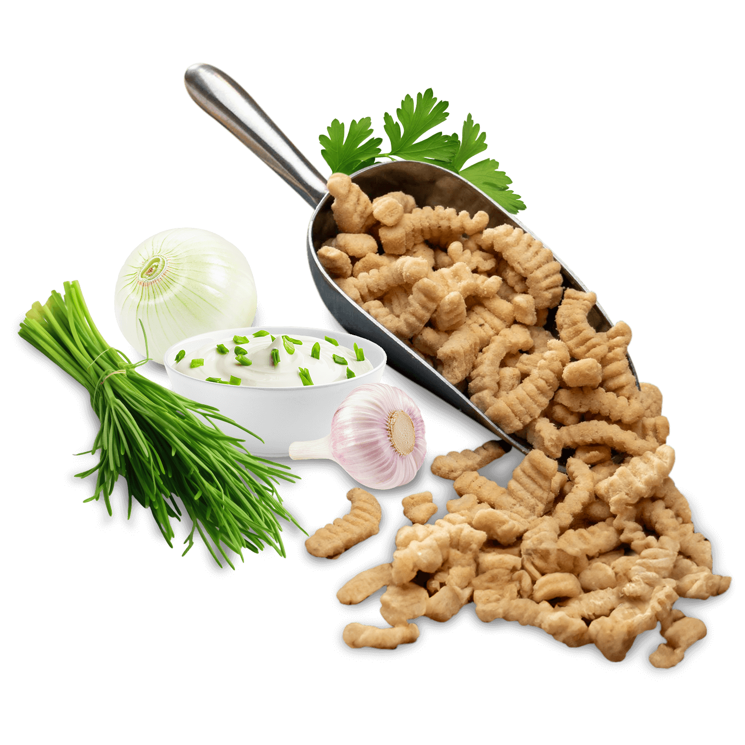 Scoop of protein chips with fresh vegetables including garlic, onion, and chives on a white background.